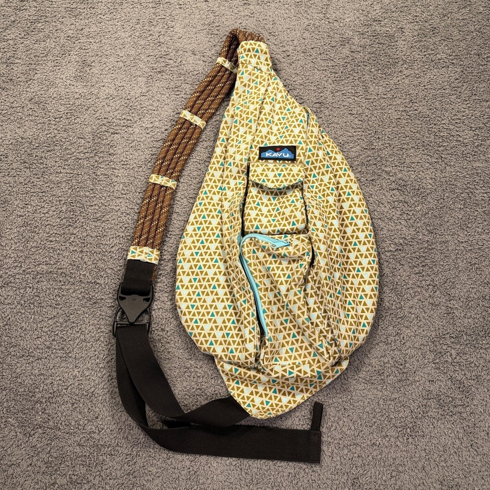 KAVU Rope Bag Sling Crossbody Backpack Tan Teal Geometric Cotton Triangle Print‎